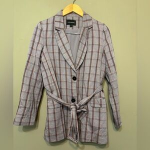 FRANK AND OAK Linen Tencel Belted Checked Jacket Blazer